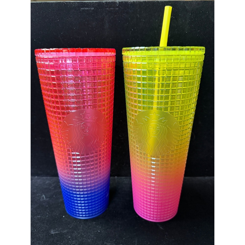 Starbucks 24oz Venti Grid Tumbler Set Ombre Red Blue &‎ Neon Yellow Pink 2 Pack